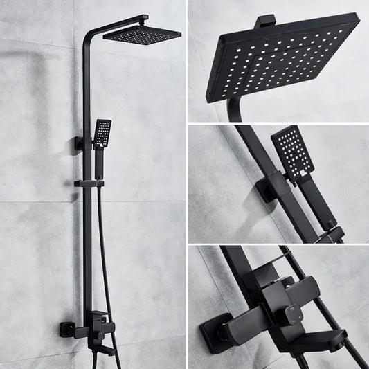 Modern Matte Black Square Rainfall Shower Faucet Set – Wall-Mounted, Single-Handle Mixer, High-Flow 8″ Shower Head