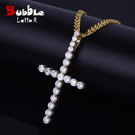 Zircon Cross Pendant Necklace – Gold-Color Copper Material, Hip-Hop Fashion Jewelry