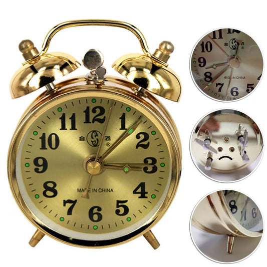 Gold Mechanical Alarm Clock – Vintage Metal Wind-Up Table Clock with Snooze Function & Retro Design