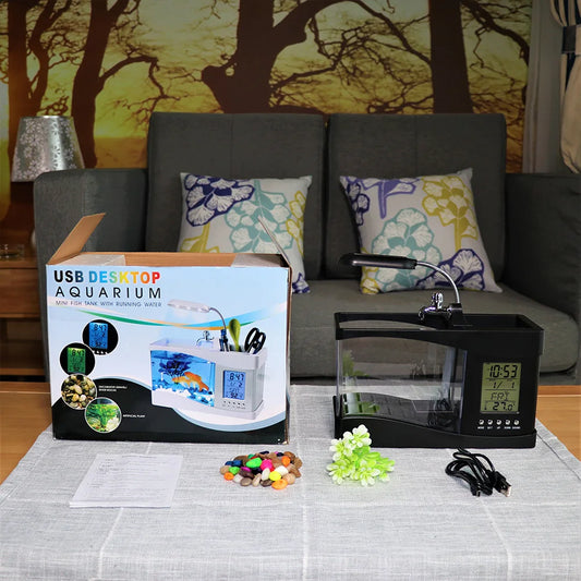 LED Mini Self-Cleaning Desktop Aquarium – Compact Fish Tank with Clock & Display Screen for Home/Office
