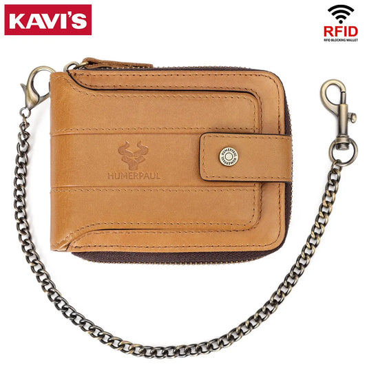 KAVIS Men’s RFID Genuine Leather Wallet – Multifunction Zipper Storage Money Bag with Coin Purse & Card Holder