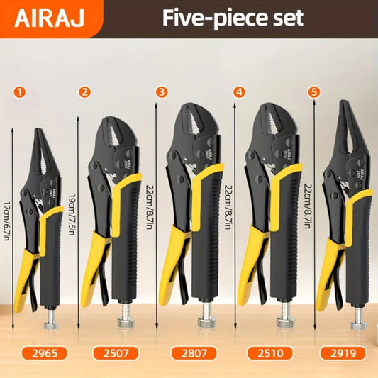 AIRAJ Locking Pliers Set – 5 Piece Quick-Release Curved-Jaw Vise-Grips for Strong Clamping & Metal Bending