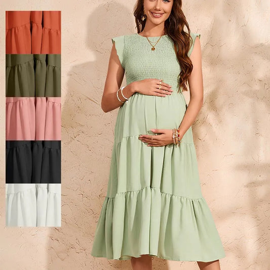 Women’s Summer Pleated Maternity Dress – O-Neck Chiffon Pregnancy Outfit with Flying Sleeves, Plus Size Available