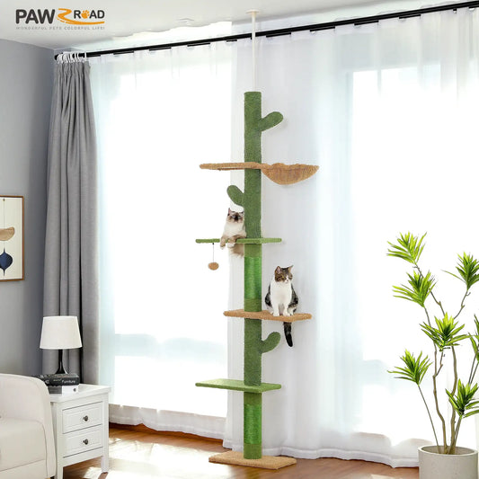 5-Tier Floor-to-Ceiling Cat Tree Tower – Tall Cactus Design with Scratching Posts, Hammock & Play Ball for Indoor Cats”