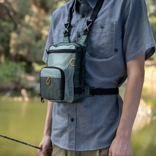 Compact fly fishing chest bag – lightweight soft-surface gear bag with multiple compartments for tackle & outdoor storage