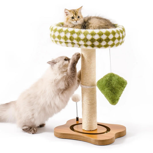 Mewoo Cat Scratching Post Bed – Small Cat Tower with Sisal Scratcher, Ball Track & Toys, Green & Brown Medium Size
