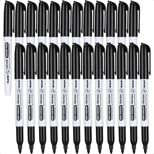 Fine Tip Dry Erase Markers – Black Whiteboard Erasable Pens, Precision Writing (24-Pack)
