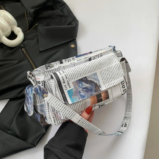 Women’s Heart-Shaped Herringbone & Newspaper-Print Crossbody Bag – Stylish Underarm & Shoulder Purse