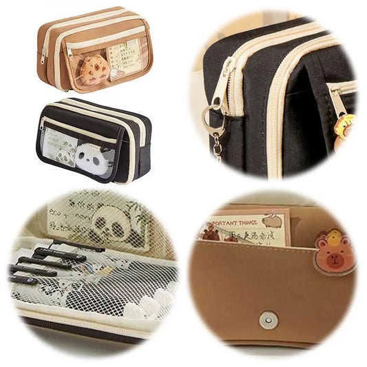 9-Layer Kawaii Capybara Zipper Pencil Case with Stickers – Canvas Stationery Storage Pouch