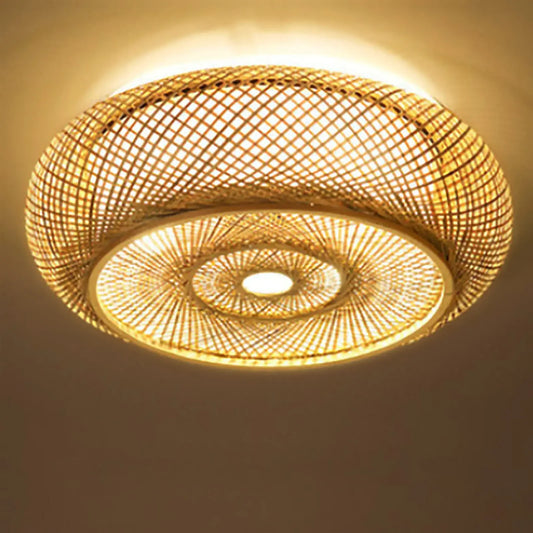 40cm Bamboo Wicker Rattan Ceiling Light – Asian Art Flush Mount Pendant Lamp, Handcrafted Boho Lighting (110V)