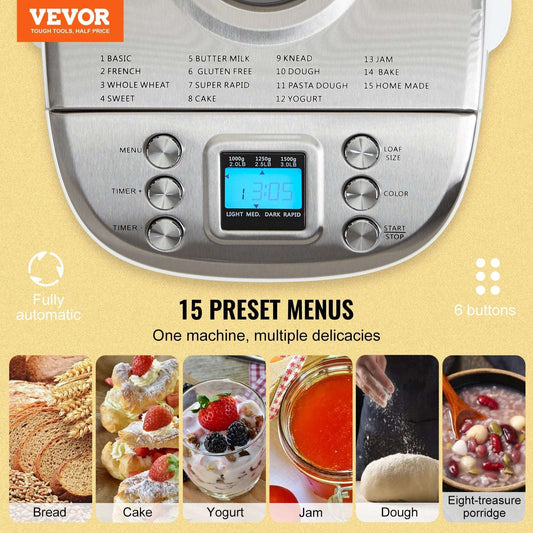 VEVOR 3 lb Bread Maker – 15-in-1 Dough Machine with Non-Stick Ceramic Pan & Gluten-Free Setting 🍞