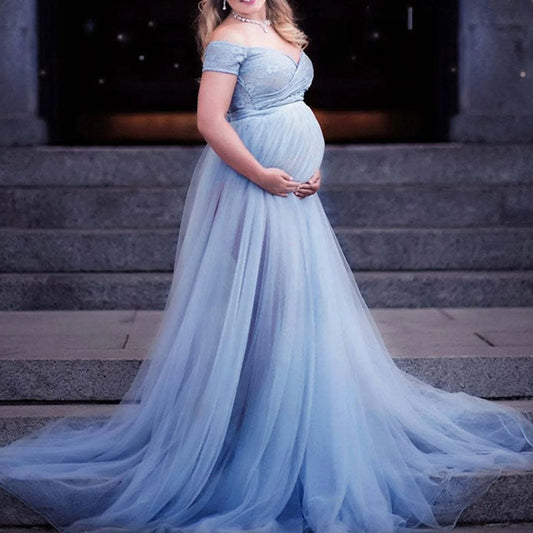 Elegant Lace Maternity Dress – Large Swing Pregnancy Gown for Weddings, Breastfeeding-Friendly Photoshoot Outfit