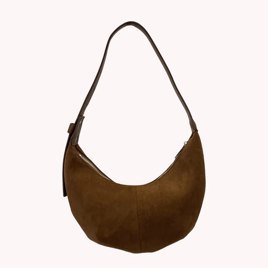 Women’s Suede Crescent Shoulder Bag – Retro Solid Color Handbag with Zipper Closure, Trendy Clutch for Work & Travel
