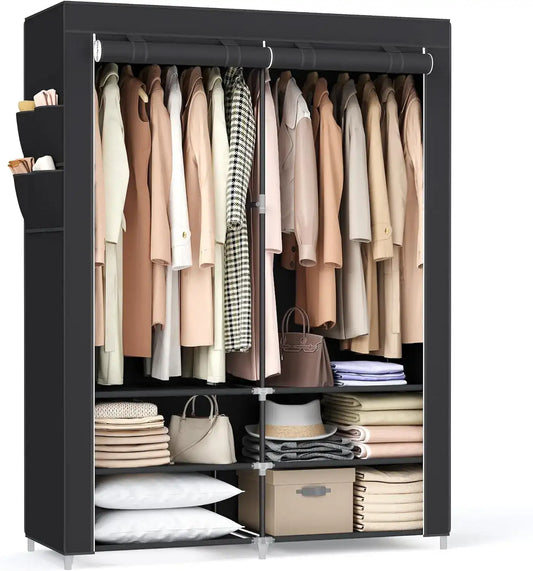 Portable Wardrobe Closet with Shoe Rack & Cover – Clothes Storage Organizer with Shelves & Side Pockets