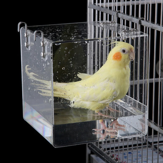 Transparent Acrylic Bird Bath Box – Hanging Water Tub for Cages, Thickened Shower Accessory for Parrots, Canaries & Budgies