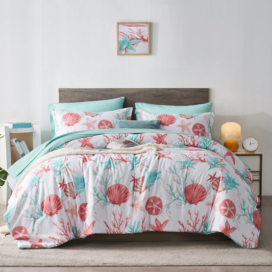 7-Piece Starfish & Coral Print Bedding Comforter Set – All-Season Boho Sea-Life Design