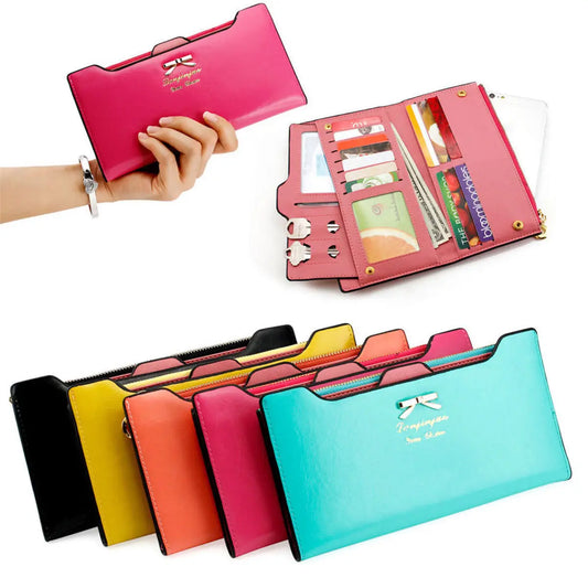 Women’s PU Leather Long Wallet – Cute Bowknot Clutch with Zipper, Multi-Card Slots, Coin Purse & Phone Holder