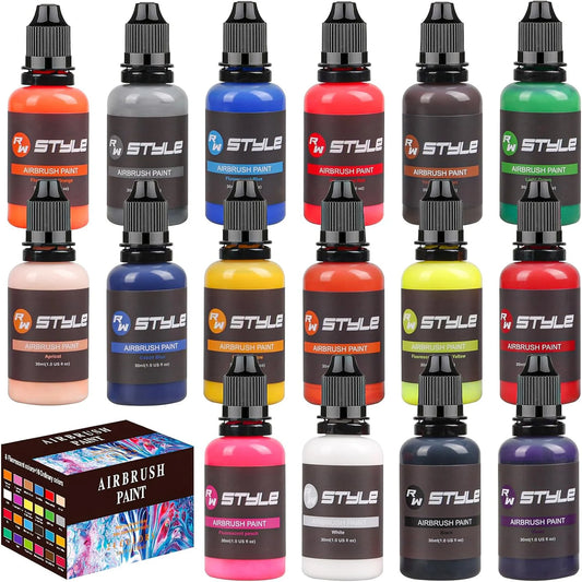 16-Color Airbrush Paint Set – Opaque Acrylic Paint, Water-Based & Ready to Spray (1 fl oz Bottles)