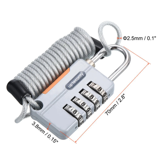 Luggage cable lock – 4-digit combination padlock with 3.3ft spring cable security wire for suitcase, gym locker & backpack
