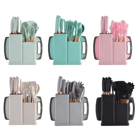 “19-Piece Food-Grade Silicone Kitchenware Set – Cooking Spoons, Cutting Board & Chef Knives”