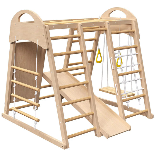 7-in-1 Indoor Jungle Gym Playset – Wooden Climber, Slide, Swing & Monkey Bars for Ages 2-6