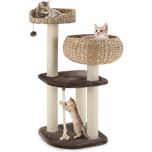Tangkula Modern Cat Tree – Small Tall Indoor Cat Tower with Sisal Scratching Post & Handmade Wicker Cat Condo for Stylish Homes