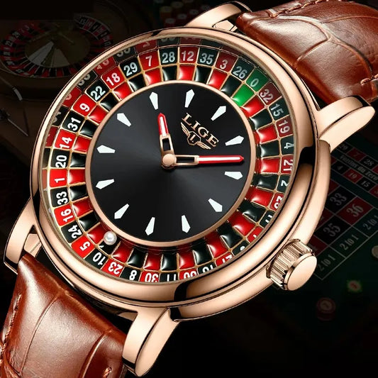LIGE Russian Roulette Dial Men’s Watch – Creative Rotating Wheel, Luminous Hands, Leather Strap, Business Wristwatch