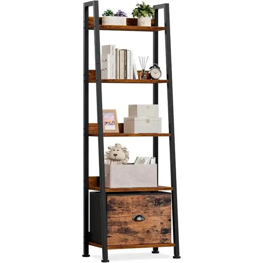 5-Tier Ladder Shelf, Ladder Bookshelf with Removable Drawer, Rustic Bookcase Storage Rack Organizer, Wood Metal Freestanding - PulinGO