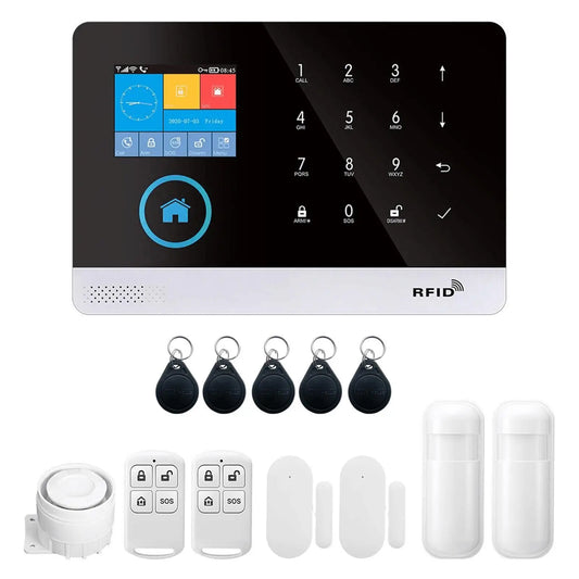 433MHz Wireless WiFi GSM Auto-Dial Alarm System – LCD Display with PIR Motion Sensor, Door Sensor & Remote App Control