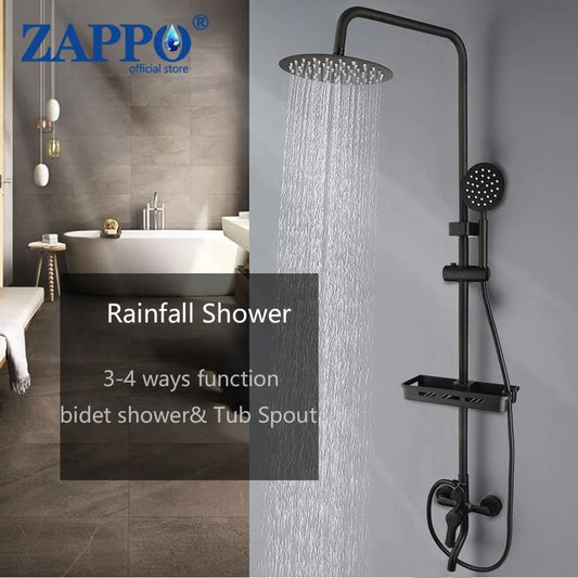 Zappo Matte Black 8-Inch Rainfall Shower Set – Wall-Mounted 3/4-Function System with ABS Shelf