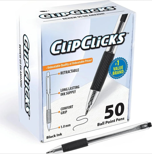 Retractable Ballpoint Pen Set – 1.0mm Midpoint Bulk Pack (50-Count) with Comfortable Grip – Black Ink ✒️🖤