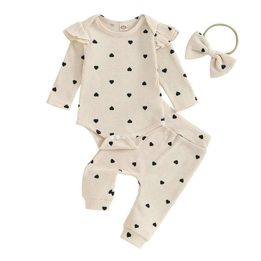 Infant Baby Girl Waffle-Knit Heart Romper, Pants & Headband 3-Piece Fall Outfit Set