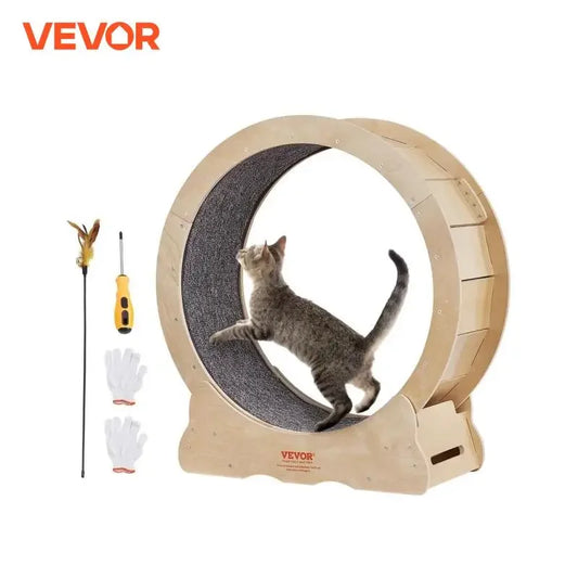 VEVOR Cat Exercise Wheel – Natural Wood Silent Running Treadmill with Detachable Carpet, Roller Wheel for Pet Fitness (