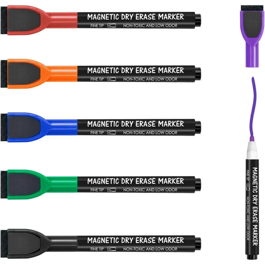 Magnetic Dry Erase Markers & Erasers – 6-Count Color Set with Fine Tips for Calendar & Whiteboards