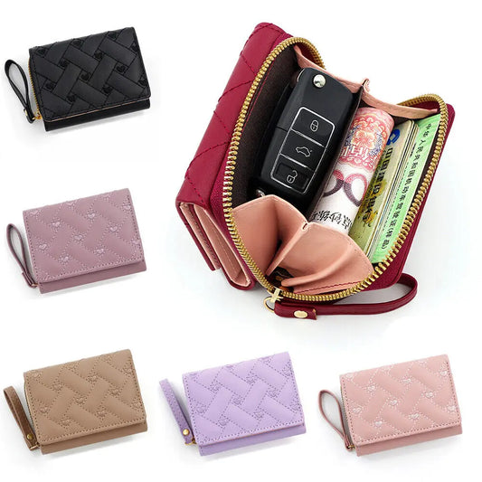 Women’s Heart Embroidered Short Wallet – Triple Fold PU Leather Purse with Multi-Card Slots & Large Capacity