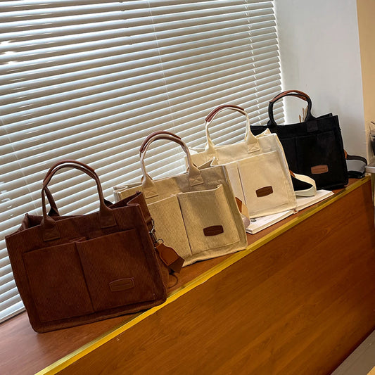 Women’s corduroy tote bag – large-capacity fashion handbag with multiple pockets, top-handle & crossbody design for everyday use