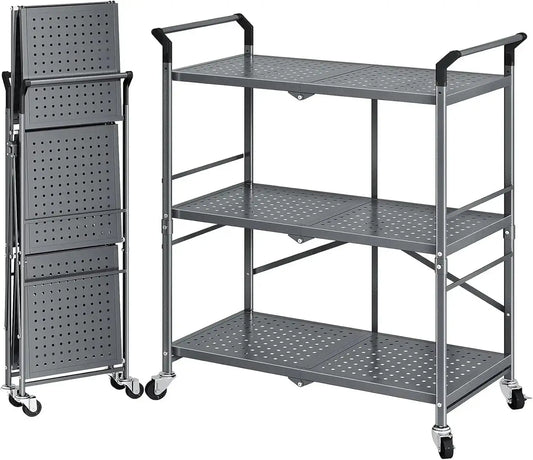 Rolling Utility Cart Folding Cart with Wheels - 3 Tier Collapsible Metal Cart - PulinGO