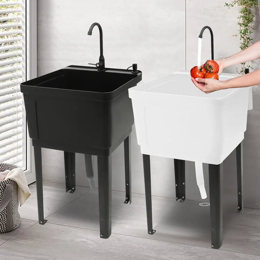 Freestanding Utility Laundry Sink – Stainless Steel Faucet, Space-Saver Tub for Washing Room & Workshop