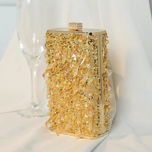 Women’s Luxury Rhinestone Clutch – Gold Party Evening Purse with Glass Crystals, Mini Square Handbag & Tassel Detailing