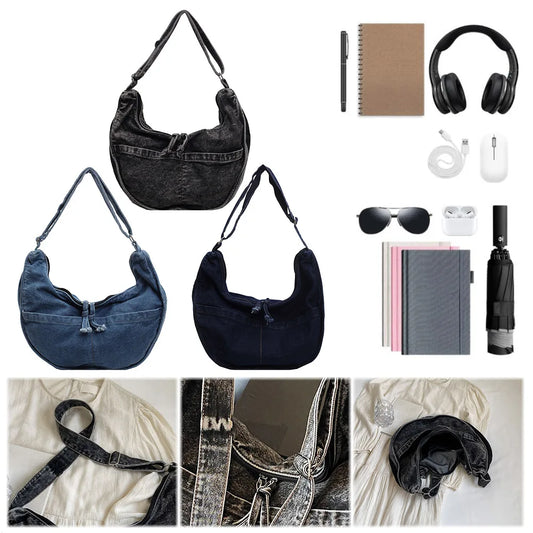Denim Crescent Shoulder & Crossbody Bag for Women – Vintage Jean Tote Style for Work, Shopping & Travel