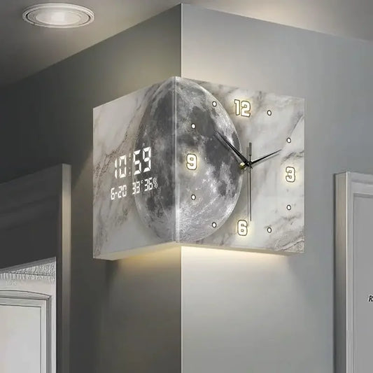 Luxury LED Corner Wall Clock with Light – Double-Sided Luminous Sensor Clock with Numeral Scale & Gold Modern Design