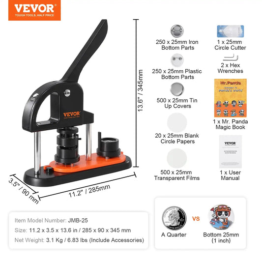 Vevor Button Maker Machine – 25/32/58mm Pin Badge Maker with Button Parts & Ergonomic Arc Handle, DIY Punch Press Kit