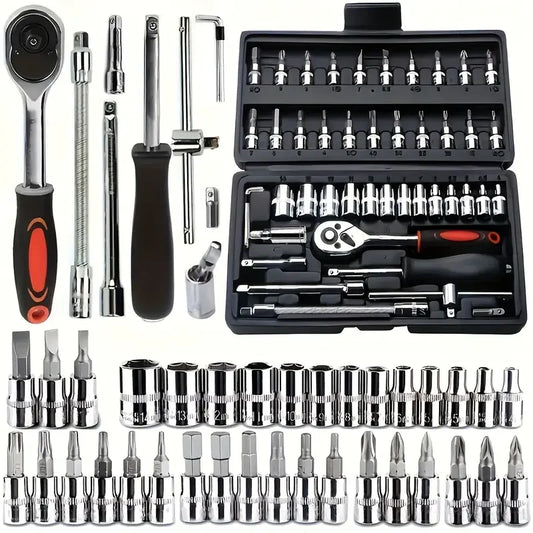 46-Piece Car Repair Tool Kit – Ratchet, Torque Wrench & Socket Set for Auto & Bike Maintenance 🔧