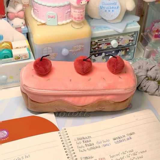 Cute Plush Cherry Cake Pencil Pouch – Large Capacity Soft Stationery Storage Bag