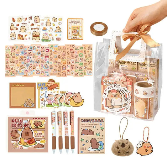 Cartoon Capybara Stationery Set – Stickers, Notepads, Plush Pendants & Handbag Gift Set for Kids, School & Birthdays