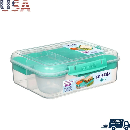 Plastic Bento Lunch Box with Yogurt Pot – Microwave & Freezer Safe Stackable Food Container (Teal)