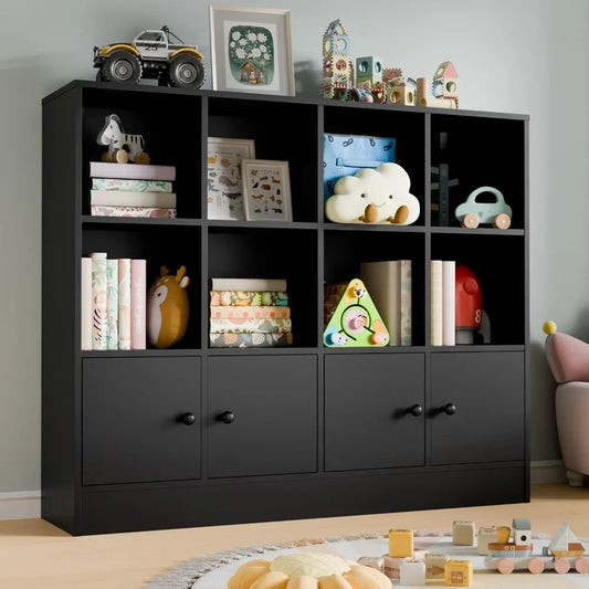 🪵 Black Wood 12-Cube Bookshelf with 4 Doors – 3-Tier Storage Cabinet with Adjustable Shelves for Bedroom & Living Room