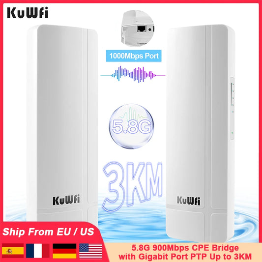 KuWFi Outdoor CPE Bridge – 900 Mbps 5.8 GHz Wi-Fi, 14 dBi Antenna, Gigabit Ethernet, 2–3 km Point-to-Point