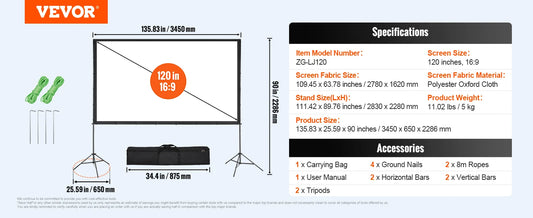 SucceBuy Portable Projection Screen with Stand – Adjustable 100″ / 120″ / 150″ 16:9 HD Display for Cinema, Home & Office