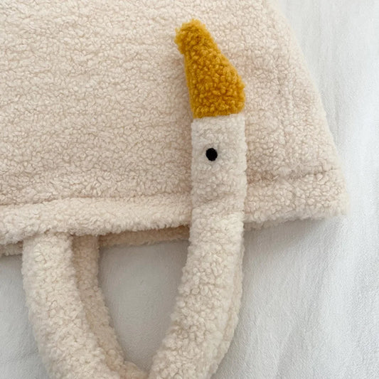 Women’s plush cartoon goose tote bag – soft casual fashion handbag, cute portable purse with adjustable strap for shopping & parties